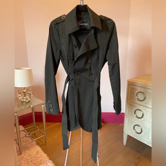 Guess Black Trench Coat Double breasted lightweight size medium - Picture 1 of 10